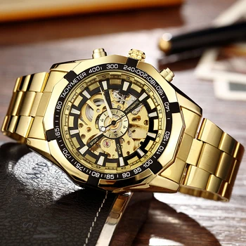 Verslo Automatinis Mechaninis Laikrodis Nugalėtojas Aukso Vyrų Laikrodžiai, Nerūdijančio Plieno Apyrankė Sporto Prabangių Vyrų Laikrodis Šveicarijos Laikrodį