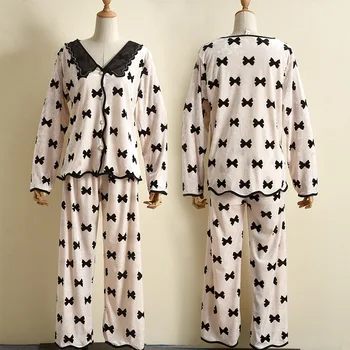 Rudenį Rožinės spalvos Veliūras Pižama Nustatyti Moterų Spausdinti 2CPS Sleepwear ilgomis Rankovėmis Marškinėliai&Kelnes Femme Miego Nustatyti Aksomo Pijamas Kostiumas Homewear