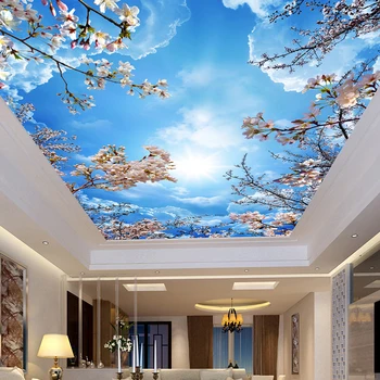 Custom Sienos Freskos Tapybos Mėlynas Dangus, Balti Debesys Peach Blossom Lubų Modernus Dizainas 3D Kambarį Miegamojo Lubų Tapetai