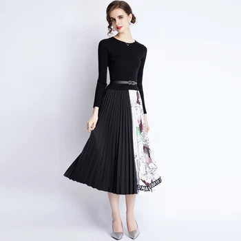 Moterų Elegantiškas Suknelės Office Lady-LINE Puoštas Vidurio Blauzdos Moterų Rudens Suknelės O-Kaklo Mezgimo Medvilnės 2021 Naujas Moterų Suknelės