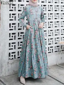 Bohemijos Sundress Rudens Mados Gėlių Spausdinti Suknelė ZNAZEA Elegantiškas Abayas Moterų Musulmonišką Hidžabą Suknelės Turkija kaftan Vestido