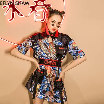 Goth Hip-hop Suknelė Moterims Kinų Stiliaus Dragon Spausdinti Seksualus Gogo Suknelė trumpomis Rankovėmis Aukštos Juosmens Trumpas Klubas Suknelė, Prašmatnus Streetwear