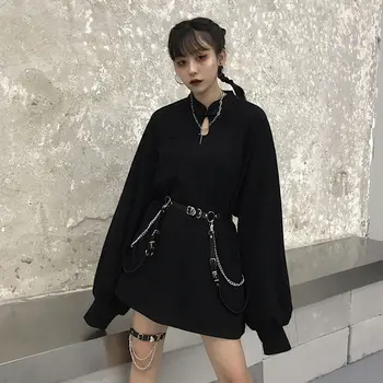 Harajuku Moterų Palaidinukė Punk Kinijos Stovėti Apykaklės Derliaus Long Sleeve Black Hoodie Pavasario Prarasti Gotikos Merginos Streetwear Viršūnės