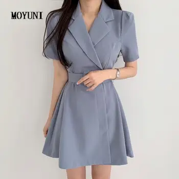 Elegantiškas Įpjovomis Švarkas Trumpomis Rankovėmis Suknelė Mini Diržas Juosmens Plonos Linijos Korėjos Prašmatnus Vestido Office Lady Temperamentas Atsitiktinis