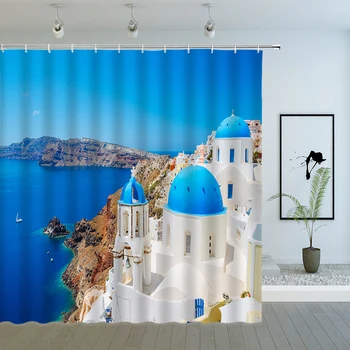 Viduržemio jūros Kraštovaizdžio Architektūros Dušo Užuolaidos Europos Gatvės Gėlių Dekoracijos, Vonios kambarys Dekoro su Kabliukais Audinio Vonia Ekranas