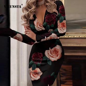 Vestido Rudens Ir Žiemos Moterų Seksualus V-Kaklo Suknelė Elegantiškas ilgomis Rankovėmis Gėlių Spausdinimo Suknelė Plonas Šalies vakarinę Suknelę 2022 Y2K