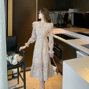 Moterų Vienas Gabalas Ponios Korėjos Suknelė Rudenį 2022 Prancūzų Stiliaus Office Lady Šifono Spausdinti Ilgomis Rankovėmis Gėlių Spausdinti V-Kaklo Suknelės