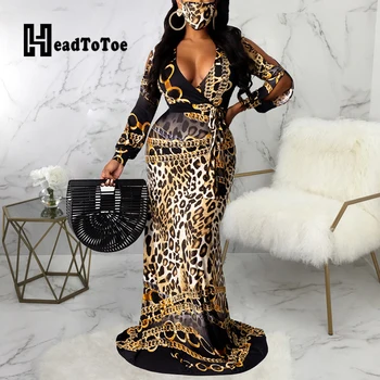 Leopard Grandinės Spausdinti Rišti Varčias Seksualus Šalies Moteris Suknelė Ilgomis Rankovėmis V-Kaklo Grindų Ilgis Liesas Aukšto Juosmens Moteris Suknelė