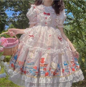 Japonijos Vasaros Saldus JSK Lolita Dress Moterų Kawaii Nėrinių Lankas Animacinių filmų Spausdinimo Kambarinės Princesė Suknelė Moteriška Šalis Suknelė ilgomis Rankovėmis