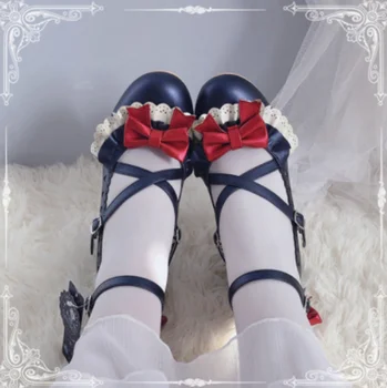 Lolita Japonijos saldus derliaus apvalios galvos nėriniais viduryje kulno batų mielas bowknot kryžiaus tvarstis kawaii batai loli cosplay kawaii girl