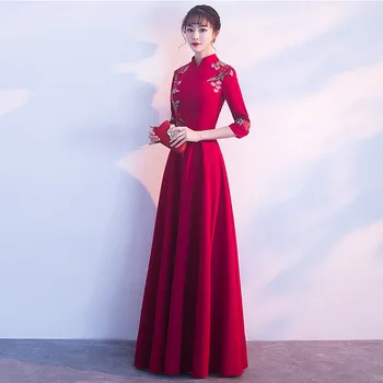 Nuotaka Raudona siuvinėjimo ilgomis Rankovėmis Kinijos vakarinę Suknelę Qipao Moteris cheongsam Patvirtinimo Nemokamas pristatymas