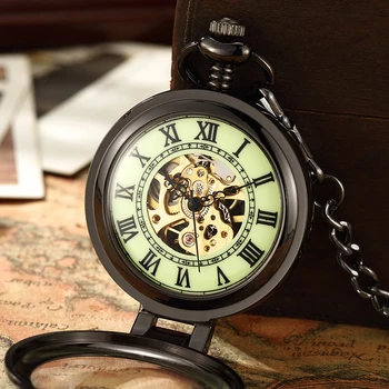 Unikalus Retro Skaidrus Vyrų Kišeninio Laikrodžio Juoda Juoda Plieno Žiūrėti FOB Grandinės Kvarco Kišenėje Žiūrėti Naują Šviesos Watch Laikrodis