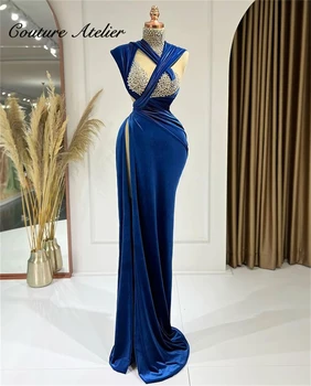 Tamsiai Mėlyno Aksomo Prabangių vakarinių Suknelių iki 2023 m. Aukštas Ritininės Prom Chalatai Zawalcowany Oficialų Suknelė Ponios Suknelės ypatingoms Progoms skraiste
