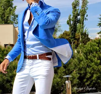 Mėlyna Atsitiktinis Vyrų-Švarkas Baltos Kelnės Vasaros Paplūdimio Vestuvių Kostiumai Vyrams Geriausias Vyras Prom Kostiumai Street Wear Slim Fit Terno Masculino