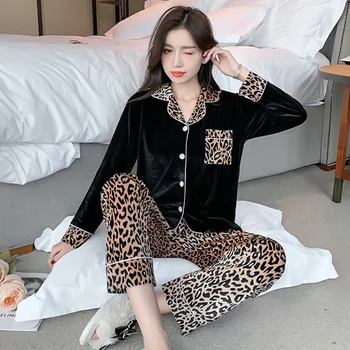 Aukso Aksomo Pižama Moterims,, Leopardas spausdinimui ilgomis rankovėmis Pavasario ir Žiemos Cardigan Namų Paslauga Sleepwear Moterų Pižama Komplektas