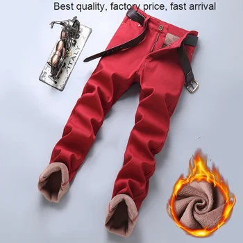 Aukštos kokybės, prabangos prekės ženklo Naujų Rudens-Žiemos Vyrų Vilnos Verslo Atsitiktinis Raudona Šiltas Džinsai Slim Fit Ruožas Džinsinio audinio Kelnės Vyriškos Prekės