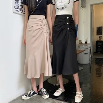 Moteris Ilgi sijonai, Vasaros 2021 korėjos versija aukštos juosmens, plonas vidutinio ilgio plisuotos hip-line sijonas wrap vasaros sijonai