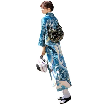 Moterų Japonijos Tradicinių Kimono su obi diržai Mėlynos Spalvos Klasikinis Yukata Cosplay Vintage Drabužių Fotografijos Suknelė-Chalatas