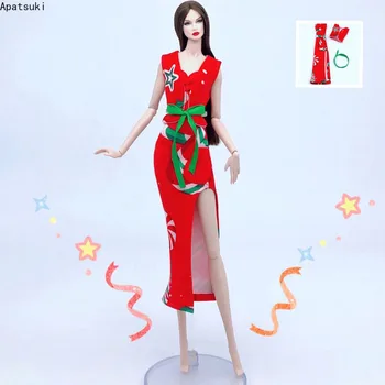 Raudona Mados Lėlės Drabužių Rinkinys Barbie Komplektus Kinų Stiliaus Qipao Suknelė Ilga Suknelė & Vest 1/6 Lėlės Priedai Vaikams, Žaislai