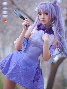 Žaidimas Genshin Poveikio Cos Keqing Cosplay Kinų Stiliaus Cheongsam Moterų Mielas Trumpas Violetinė Suknelė, Kostiumas A