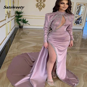 Arabų Undinė Vakarinę Suknelę 2022 Su Užkarpomis Ilgomis Rankovėmis Satin Plus Size Prom Dresses Pusėje Aukštos Ritininės Vakarienė Naktį Šalies Dėvėti