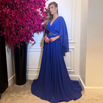 OIMG Royal Blue Šifono Linijos, Vakaro Suknelės Sluoksniuotos ilgomis Rankovėmis V-Kaklo Aplikacijos arabų Moterų Oficialų Promenadzie Suknelė Plius Dydis