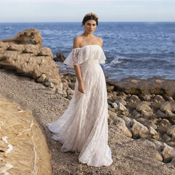 Žavinga Boho Paplūdimio Vestuvių Suknelės, Nėriniai Dramblio Kaulo Vestuvių Suknelės Off Peties Rankoves Nuotakos Suknelės Stebėjimo Atgal Vėliau Kaip 2022