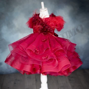 Raudona Puffy Plunksnų Bamblys Gimtadienio Gėlių Mergaitės Suknelė Lankas Vestuvės Suknelės Pagal Užsakymą Pagaminti Mados Šou Pirmoji Komunija