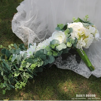 2018 Naują Dirbtinio šilko gėlių nuotakos puokštė krioklys vestuvių gėlės, vestuvių puokštės, vestuvių reikmenys nuotaka balta žalia