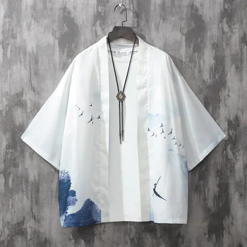 Japonų Kimono Haori Harajuku Skraiste Vyrų Vasaros Megztinis Retro Antikvariniai Prarasti Pusė Rankovėmis Marškinėliai Striukė 2022 Naujas Streetwear