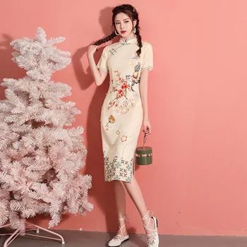 Seksualus, Trumpas Rankovės Gėlių Spausdinti Satino Kinijos Moterims Cheongsam Elegantiškas Mandarinų Apykaklės Pusė Aštuonių Sagtys Qipao Suknelės