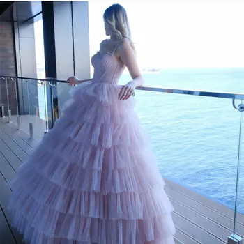 Elegantiškas Ilgas Rožinės spalvos Blizgučiai Brangioji Prom Dresses-Line Spagečiai Dirželiai Rūbeliai de soirée Pakopų Tiulio Vakaro Suknelė Moterims