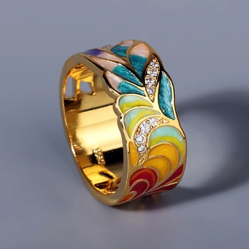 Naujas Ponios Žiedas Moterims 925 Sidabro Padengtą Mados Žiedas Aukso Spalvos Plunksnų Cirkonis Žiedą, Šaliai, Papuošalai, Rankų darbo Emalio