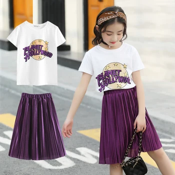 bamblys merginos sijonas rinkiniai vasaros mados vaikų trumpomis rankovėmis t-shirt ir kieto sijonas vaikai kostiumas paauglių komplektus 4 6 8 12T