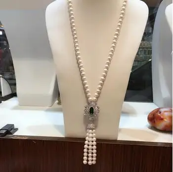 karšto parduoti Gamtinių 8-9mm gėlavandenių perlų balta ilgi karoliai 25inch Megztinis grandinės kutas Micro apdaila cirkonis užsegimas papuošalai