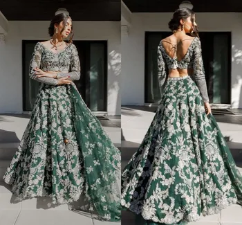 Smaragdas Žalia ir Aukso Lehenga Tradicinių Vestuvių Suknelės ilgomis rankovėmis Indijos Dviejų dalių Nėrinių Nuotakos Suknelė Dėvėti rove de mariée