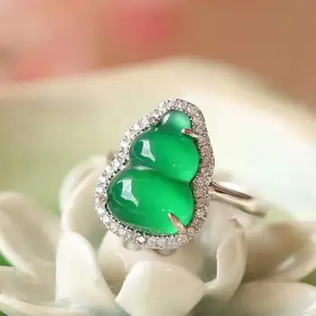 Natūralaus green jade žiedas su 925 sterlingas sidabro žiedus su deimantais moterų keičiamo dydžio žiedas aukštos kokybės