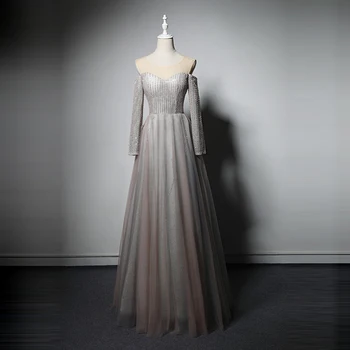 Vakaro Suknelės Smėlio spalvos Blizgančiais iliuzija, O-kaklo Visą Rankovėmis Užtrauktukas Atgal-line Grindų Ilgis Plius dydis Moterų Šalis Suknelė B507