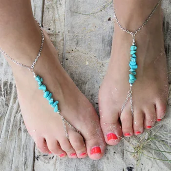 Vasaros Paplūdimio Nereguliarus Blue Stone Kojų Anklets Žiedai Anklet Bohemijos Basomis Sandalai Ant Kojų Grandinės Anklet Moterų Pėdų Papuošalai