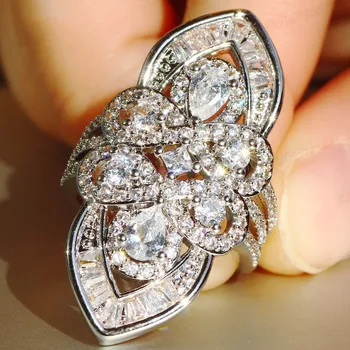 Bohemija Didelis Putojantis 925 Sterlingas Sidabro žiedas Prabanga Nutiesti Imituoti Deimantų Kokteilis Vestuviniai Žiedai Moterims, dovana, papuošalai