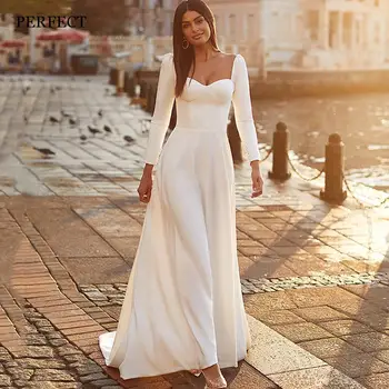 PUIKUS Paprasta Aikštėje Apykaklės Satino Vestuvių Suknelės Moterims 2022 ilgomis Rankovėmis Backless A-Line Bridal Suknelės Beach Užsakymą