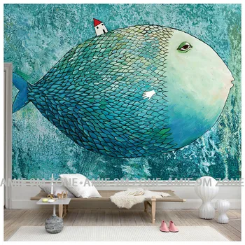 vaikų kambario tapetai žuvų pasakos vandenyno mėlynos spalvos sienų fone plakatas sienų tapetai gyvenimo kambario, miegamasis nuolaida