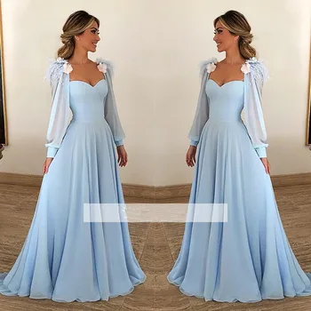 Mėlyna Musulmonų Vakaro Suknelės-line Brangioji Šifono Su Striuke Islamo Dubajus, Saudo arabų Ilgai Oficialų Vakare Gown