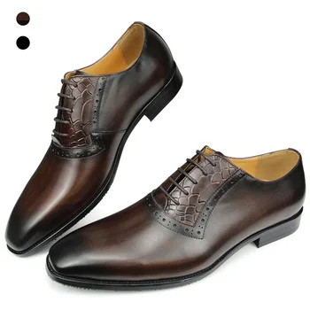 Vyrai nekilnojamojo odos Oxford Batai pora su kostiumu ar jean Wholecut Vestuvių didžiosios Britanijos Prabangių batų raišteliai sapato office Socialinių vyrų batų