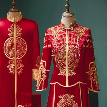 Tradicinis Duobute Siuvinėjimo Qipao Kinijos Vestuves Taurę Suknelės Pora Cheongsam Raudona Blizgučiai Satino Kutai Sijonas