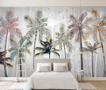 Custom 3D tapetai, freskos šviesos prabanga Šiaurės tropinių augalų ranka-dažytos kokoso medžio kraštovaizdžio miegamojo sienos fone