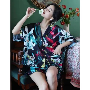 SXTHAENOO Naujas Vasaros Moterų Atlasas Pajama Print Pyjama Nustatyti Šilko naktiniai drabužiai Šortai Namuose Dėvėti Drabužiai Sleepwear