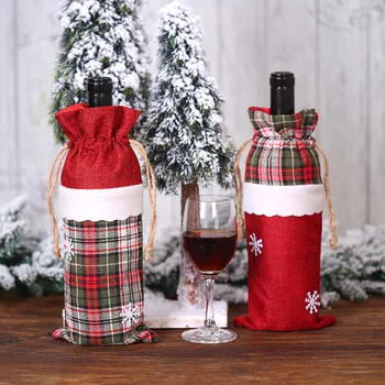 Kalėdų dekoracijas grotelės vyno butelis krepšiai šventinių dovanų stalo padažu prekių lino sniego raudonojo vyno rinkiniai