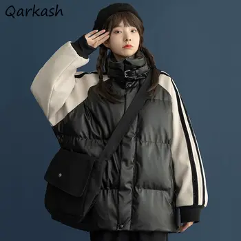 Parkas Moterų Ins Harajuku Stiliaus Drabužiai Nauji Korėjos Mados Studentas Laisvas Stovėti Apykaklės Sutirštės Spliced Dizaino Žiemą Šiltas Mujer