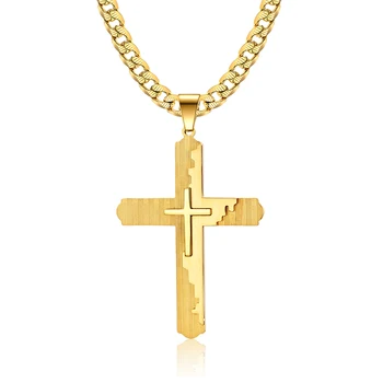 Kryžiaus pakabukas, gatvės stiliaus trijų sluoksnių kryžius, kryžius, perdėtas auksu Kubos grandinės, populiarus titano plieno karoliai